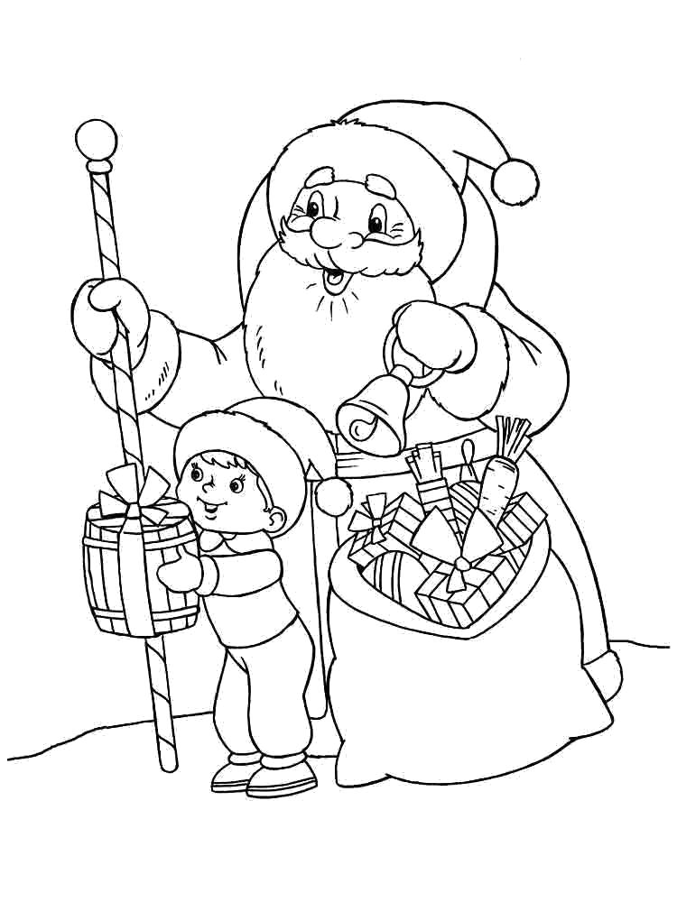 Название: Раскраска дед мороз дарит мальчику подарок.. Категория: Дед мороз. Теги: дед мороз с подарками.