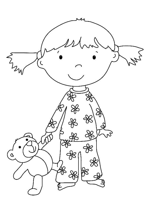 Раскраска девочка в пижаме с мишкой. Скачать Девочка.  Распечатать Девочка