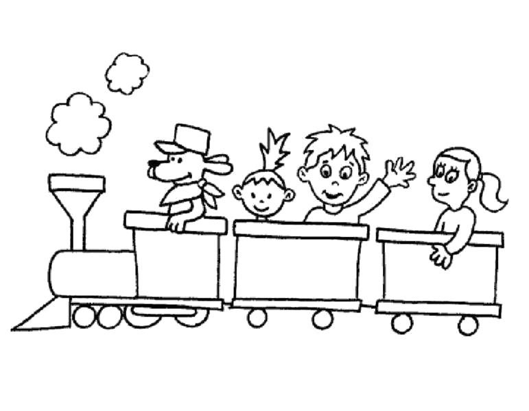 Раскраска  паровозик с вагончиками, паровоз везет детей, паровоз и дети, . Скачать паровозик.  Распечатать паровозик