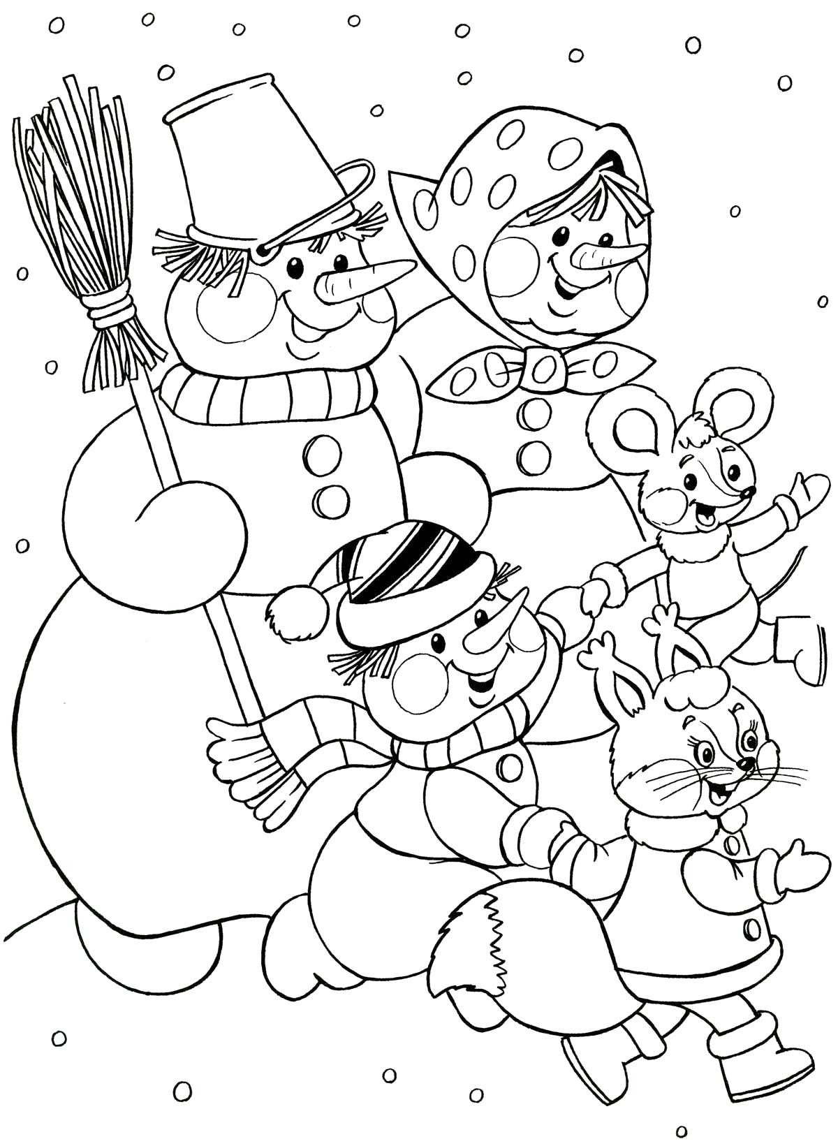 Раскраска . Снеговики на Новогоднем утреннике. Скачать снеговик.  Распечатать Зима