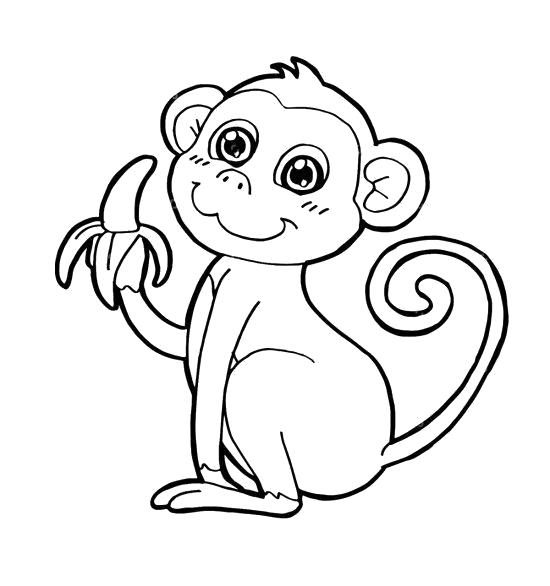 Раскраска обезьянка ест банан. Скачать обезьяна.  Распечатать обезьяна
