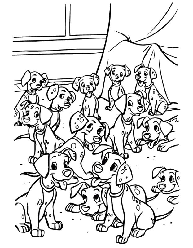 Раскраска собаки, порода долматин, много собак. 101 далматинец
