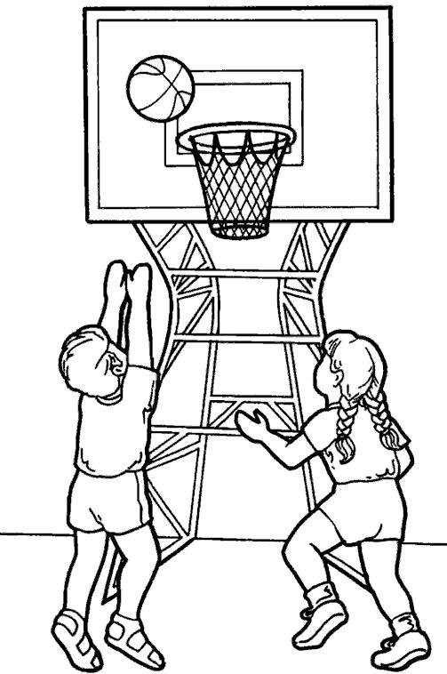 Раскраска Мальчик и девочка играют в баскетбол. 