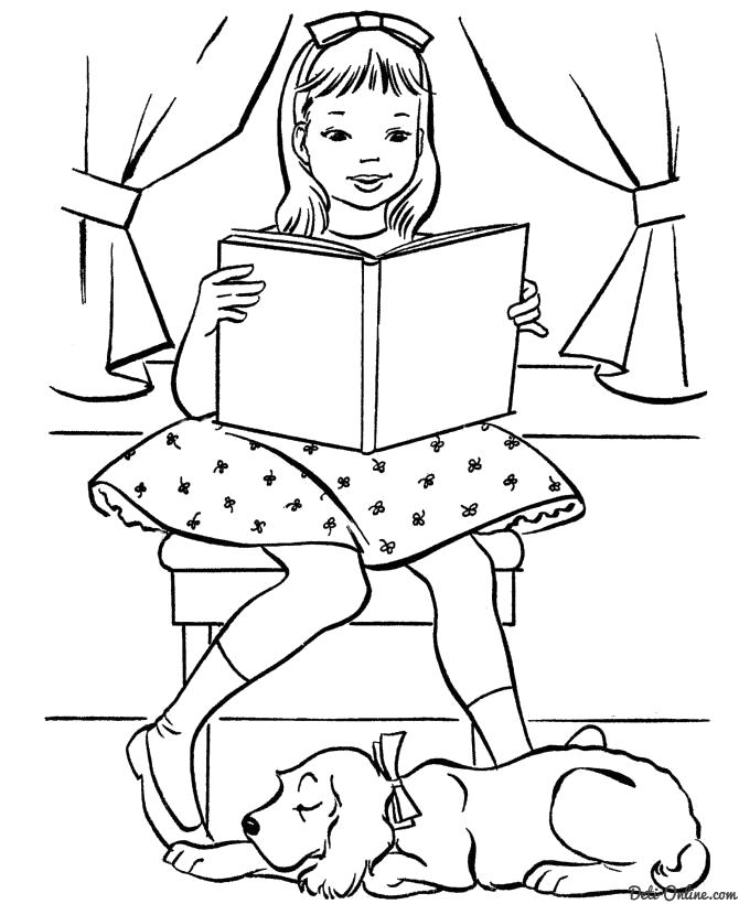 Название: Раскраска Раскраски девочка читает книгу, собака рядом спит. Категория: Девочка. Теги: Девочка.