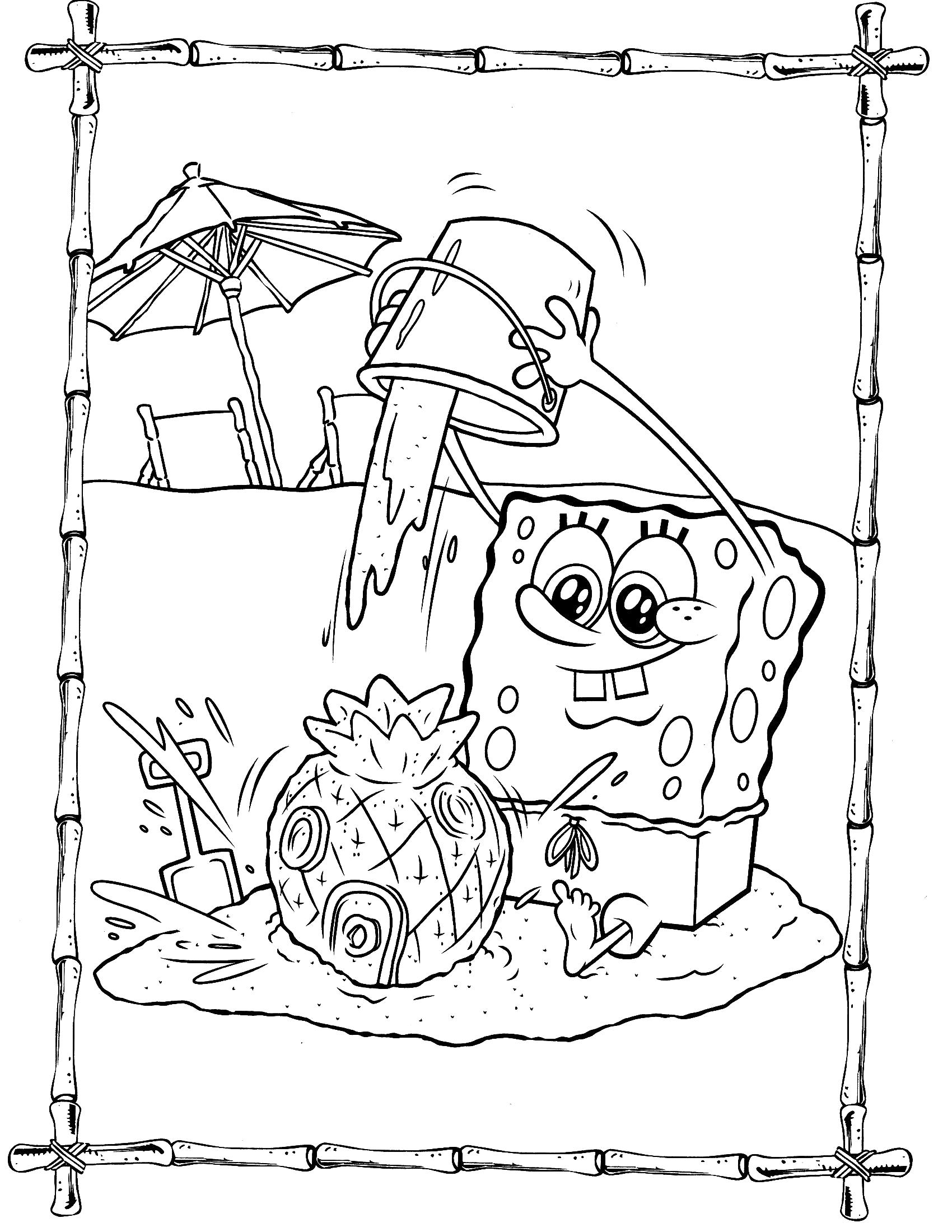 Раскраска Губка Боб играет в песочнице. Спанч боб