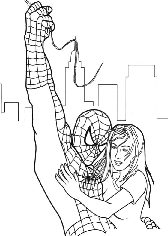 Раскраска Человек паук с девушкой. Скачать Человек Паук.  Распечатать Человек Паук