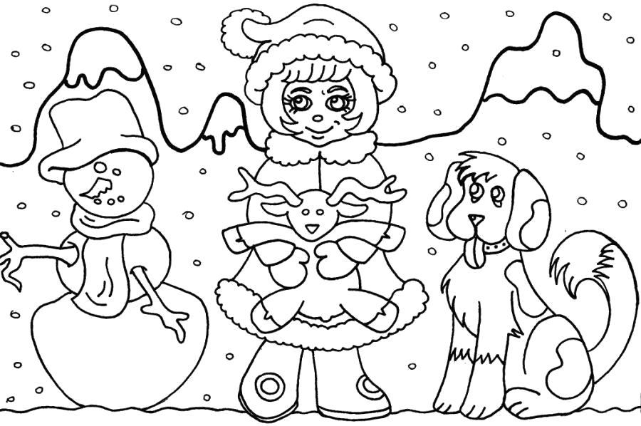 Раскраска девочка играет, собака, снеговик. новогодние