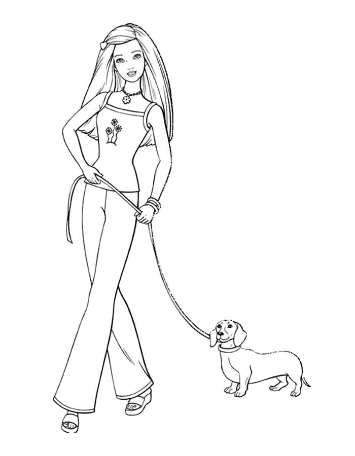 Раскраска Раскраски Барби гуляет с собакой. барби