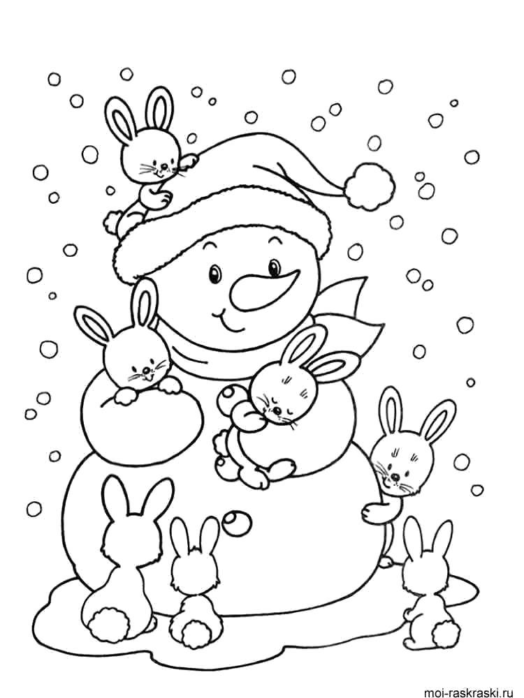 Раскраска Снеговик и зайцы. Скачать снеговик.  Распечатать снеговик