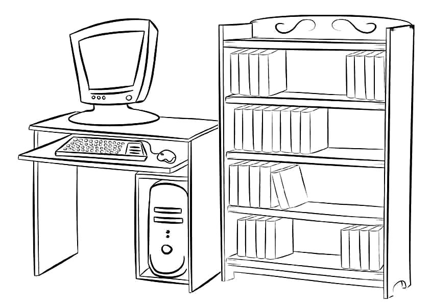 Раскраска компьютерный стол и книжный шкаф. Компьютер