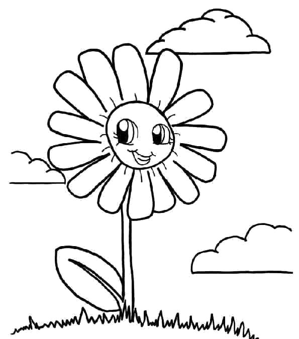Название: Раскраска ромашка цветет, облака, трава. Категория: Ромашка. Теги: Ромашка.