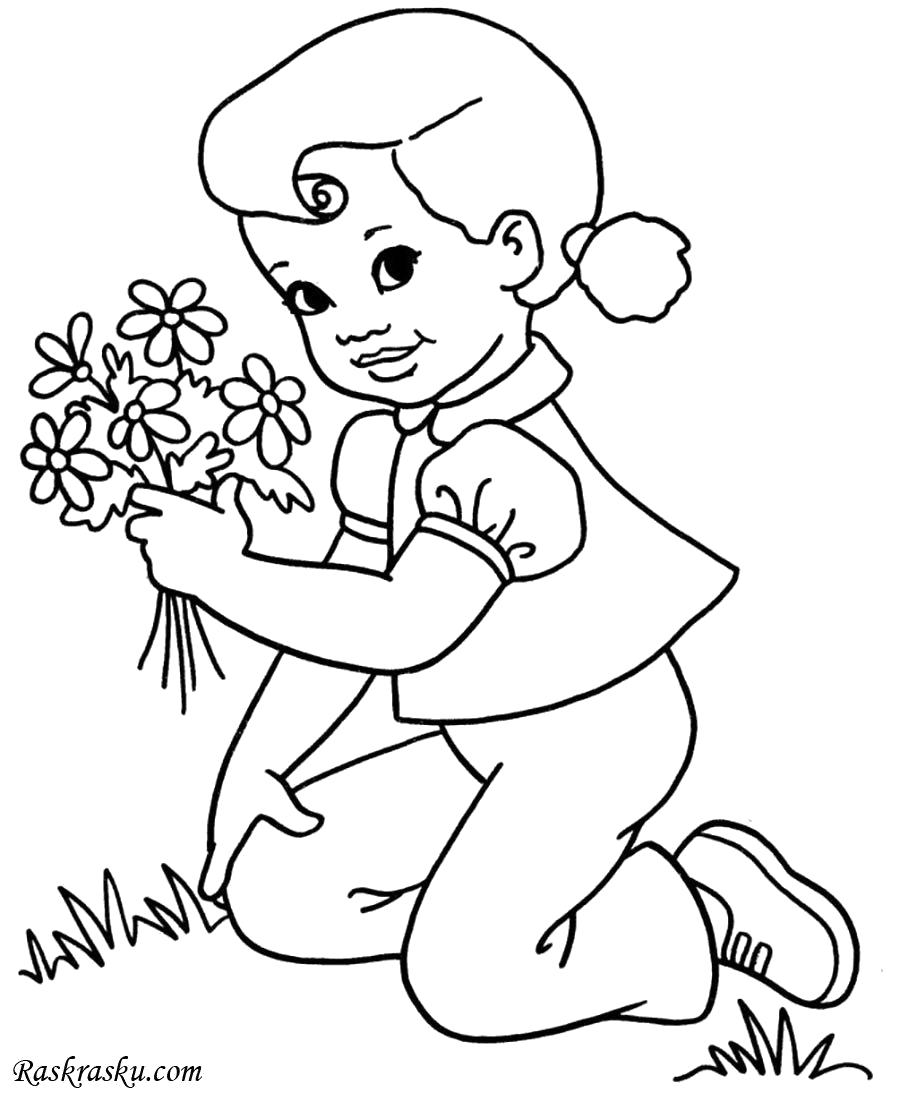 Раскраска Девочка весной с цветами. Девочка