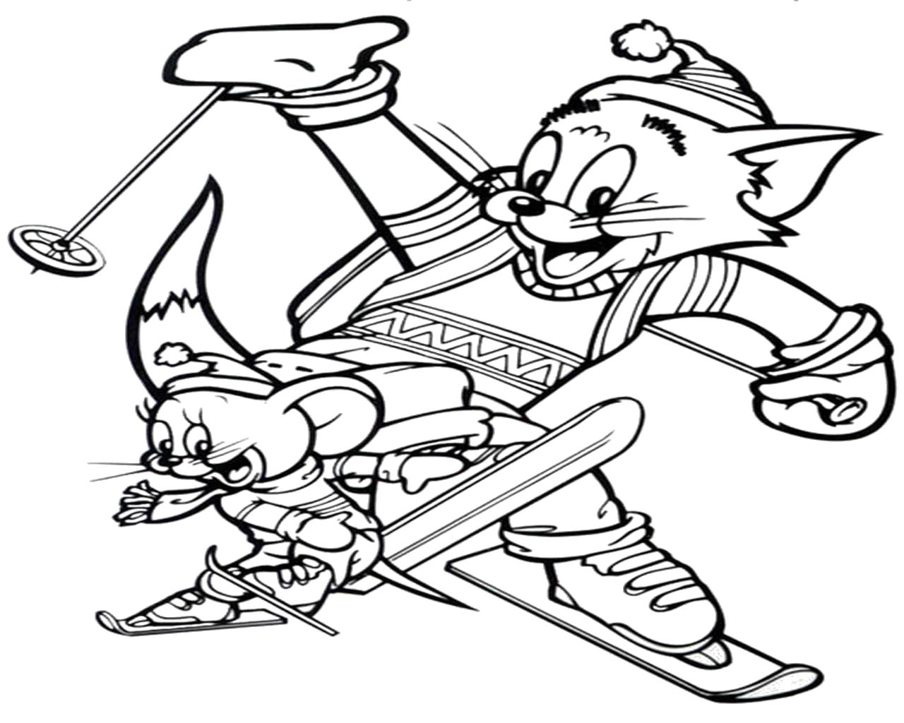 Название: Раскраска Том и Джерри на лыжах. Категория: Раскраски из мультфильмов. Теги: Том и Джерри.