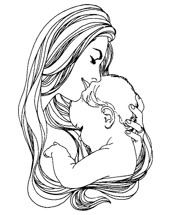 Раскраска младенец с мамой. Скачать День Матери.  Распечатать День Матери