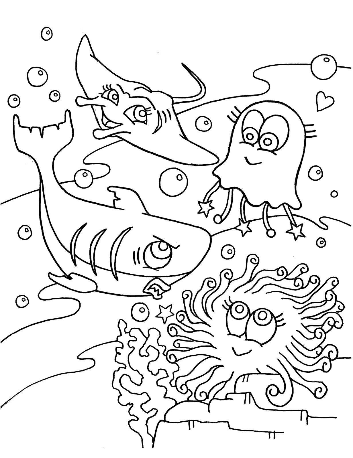 Раскраска Раскраска рыба. обитатели моря скат медуза акула и чудик. Рыбы