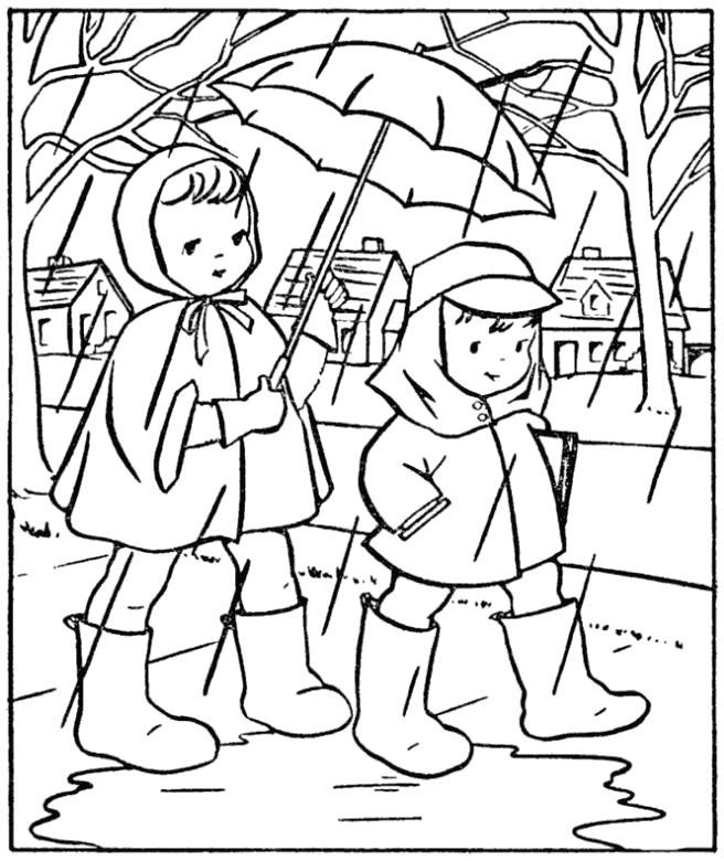 Название: Раскраска Дети под дождем в резиновых сапогах. Категория: Времена года. Теги: Осень.