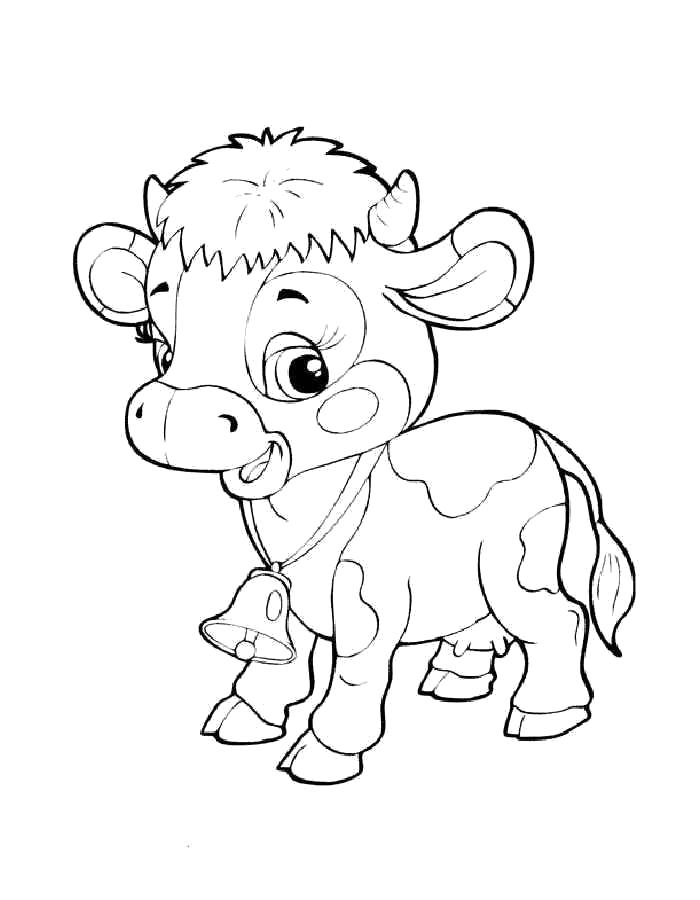 Раскраска Раскраска корова, маленький буренок, Гаврюша с колокольчиком. Корова