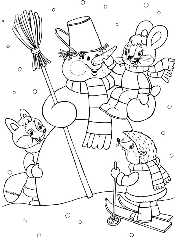 Раскраска снеговик и его друзья, ежик катается на лыжах, зайчик сидит у снеговика,  . новогодние