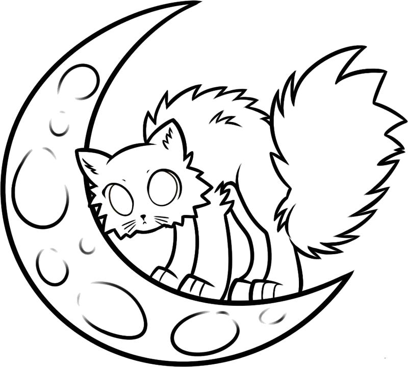 Раскраска Кот на луне. Скачать кот.  Распечатать Домашние животные