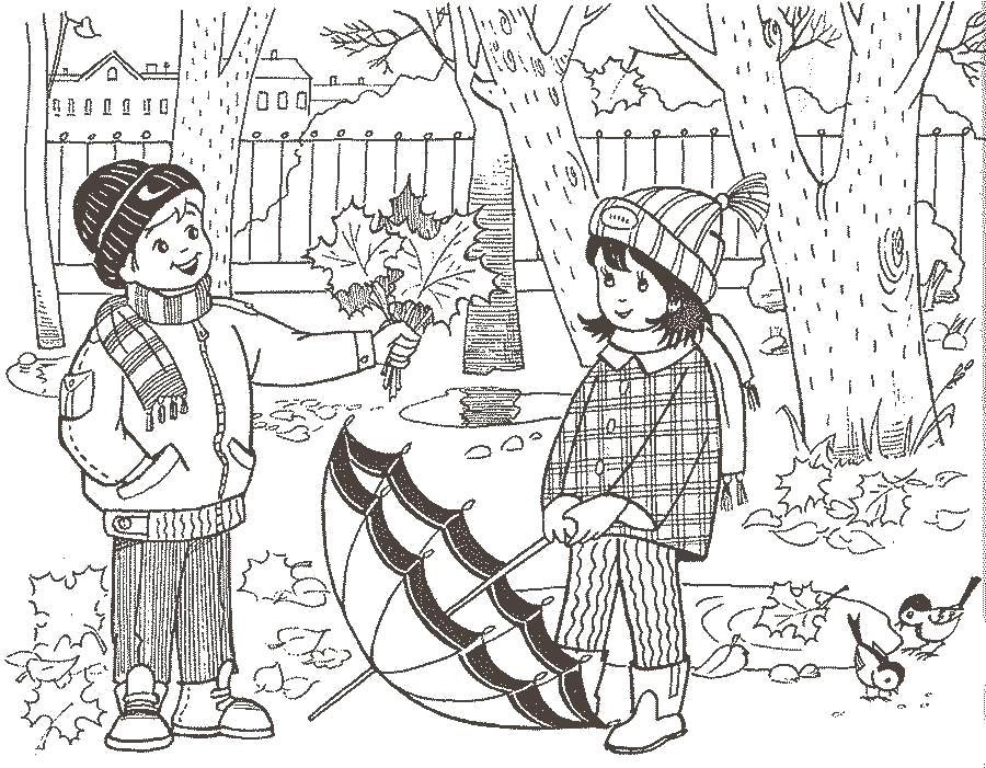 Раскраска Дети собирают листву. Времена года