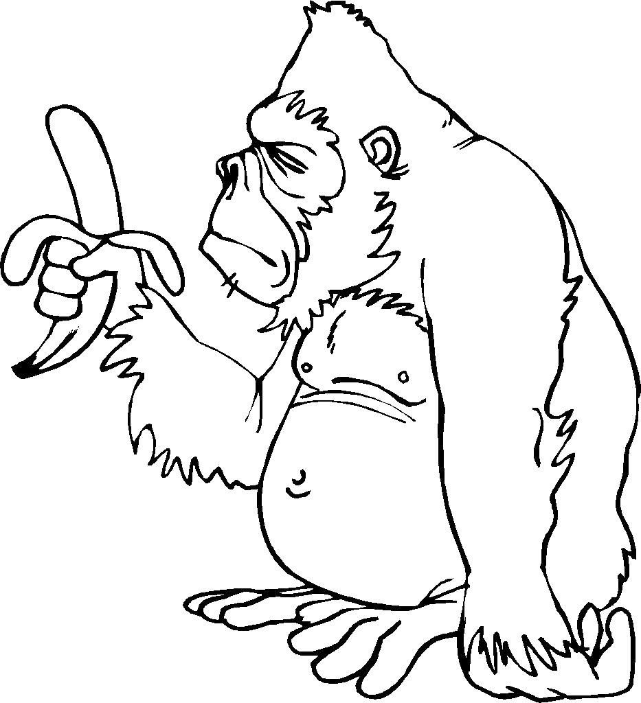 Раскраска грустная горилла с бананом. Дикие животные