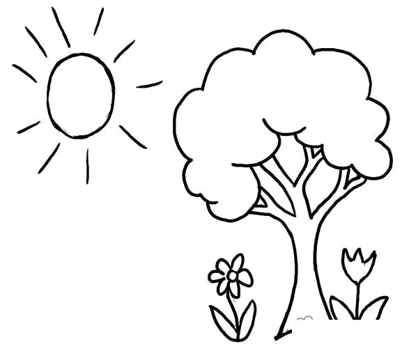 Раскраска Дерево  солнце  лето деревце цветочки солнышко  распечатать. Скачать дерево.  Распечатать растения