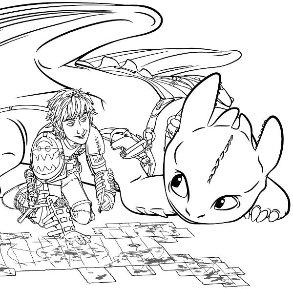 Раскраска  - Как приручить дракона 2 - Иккинг с Беззубиком изучают карту. Скачать дракон.  Распечатать мифические существа