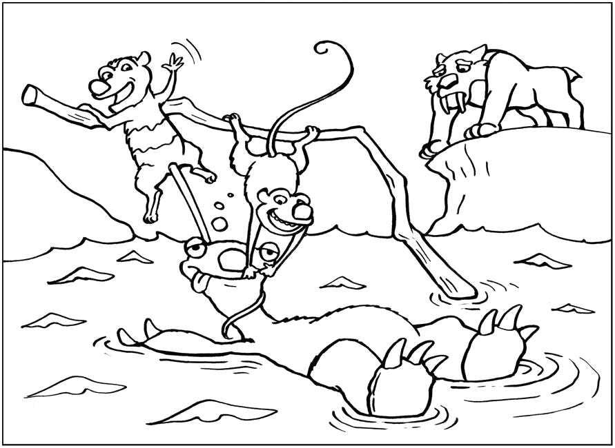 Раскраска Раскраска "Ледниковый период", крыш и эди спасают ленивца, тигр сид стоит на льдине. 