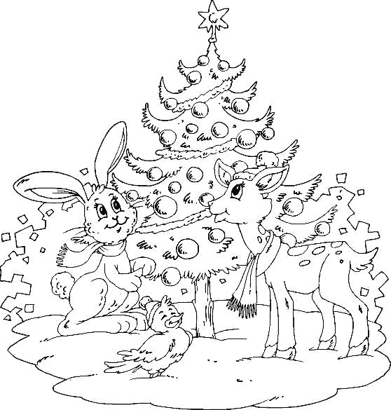 Раскраска олененок и зайчик у елки. Скачать новогодние.  Распечатать новогодние