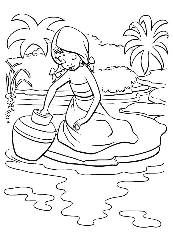 Раскраска Девочка набирает воды. Скачать книга джунглей.  Распечатать книга джунглей