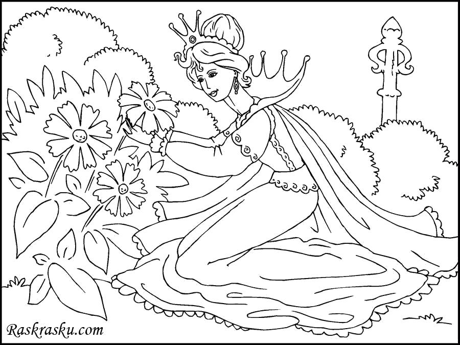 Раскраска Принцесса собирает цветы. Скачать принцесса.  Распечатать принцесса