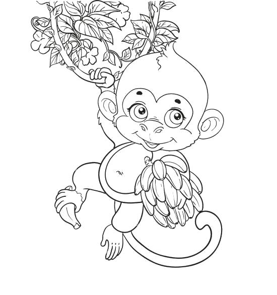 Раскраска Веселые обезьянка и бананы. обезьяна