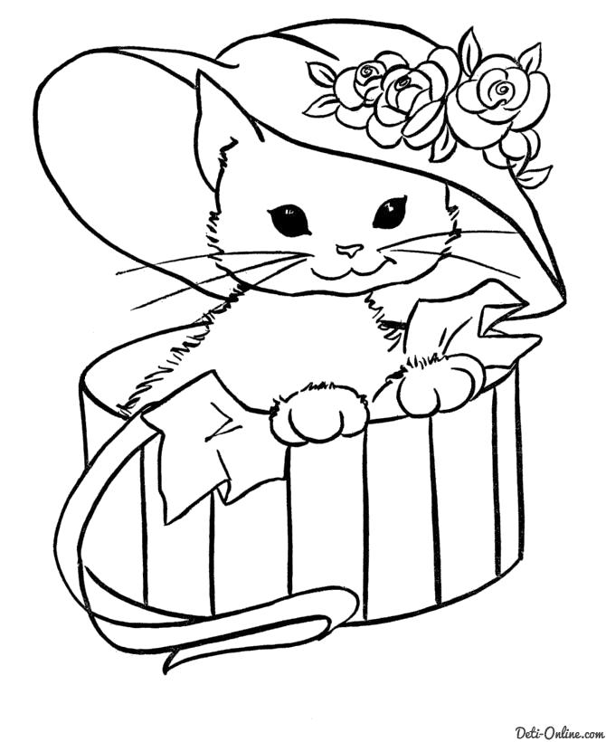 Раскраска  Кошечка в шляпе. Скачать кот.  Распечатать кот