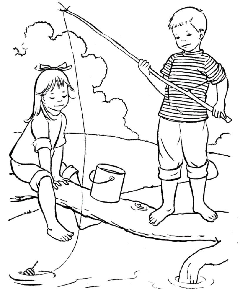 Название: Раскраска Раскраска лето. мальчик и девочка ловят рыбу. Категория: Лето. Теги: Лето.