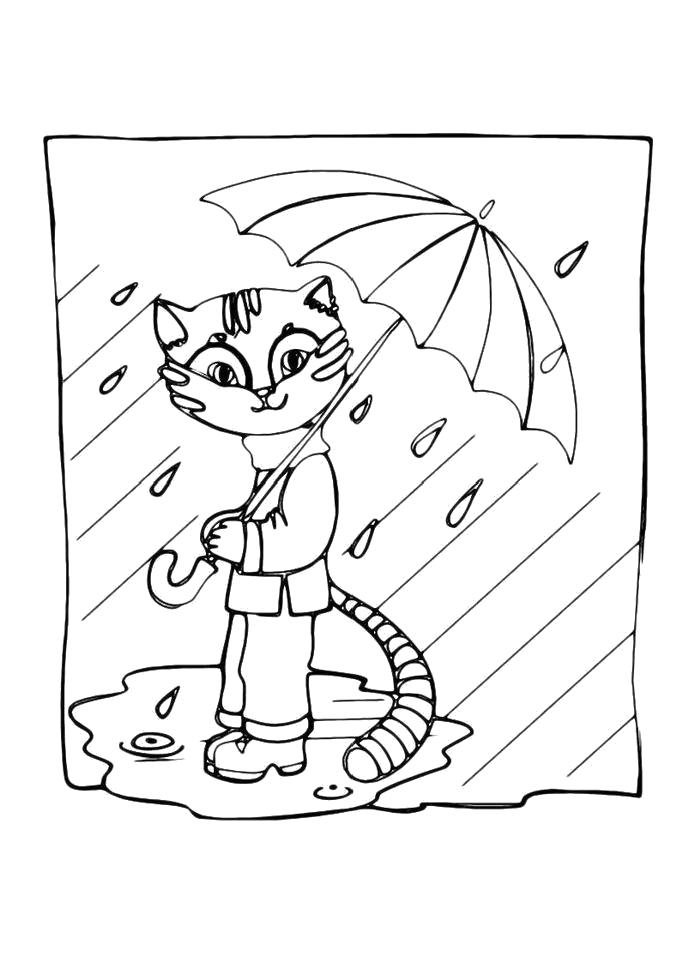 Раскраска  Кошка  под зонтом. Скачать зонт.  Распечатать зонт