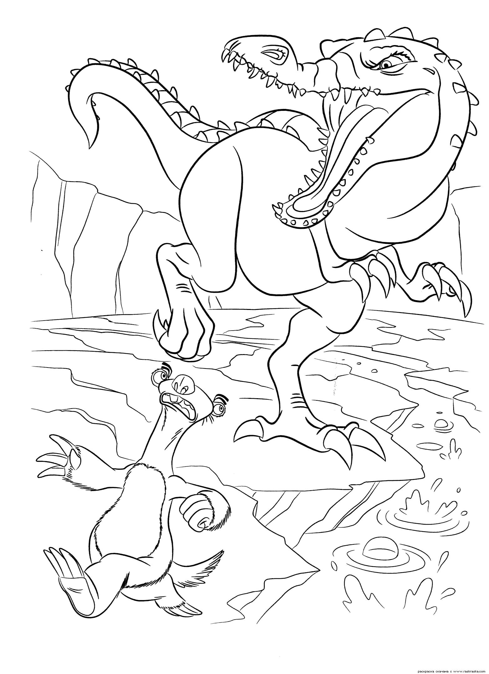Раскраска  Руди и Сид.  Огромный динозавр из мультфильма Ледниковый период 3:Эра динозавров. Скачать бесплатно  динозавра и ленивца для ребенка картинки. Скачать динозавр.  Распечатать динозавр