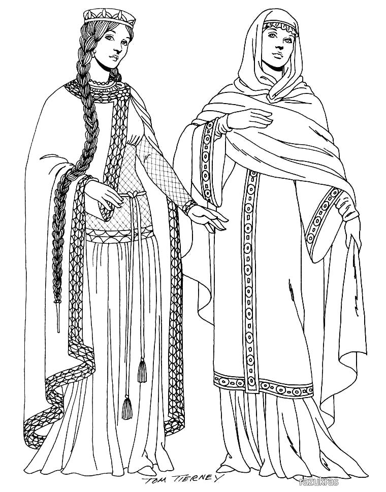 Раскраска женская одежда средневековья. Скачать костюм.  Распечатать костюм
