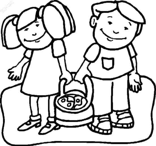 Название: Раскраска мальчик и девочка несут пасхальные яйца. Категория: Пасха. Теги: Пасха.