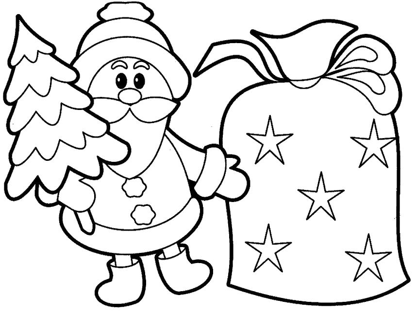 Раскраска Дед мороз с елкой и огромным мешком подарков. Скачать дед мороз с подарками.  Распечатать Дед мороз