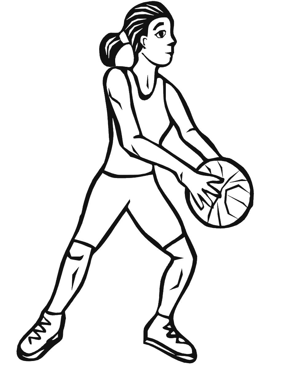 Раскраска  Баскетбол девушка, спортсменка, игра, баскетбол, мяч. Скачать Баскетбол.  Распечатать Баскетбол