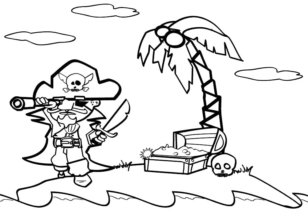 Раскраска пират на необитаемом острове с пальмой смотрит в подзорную трубу. На острове череп и сундук с сокровищами. Пират