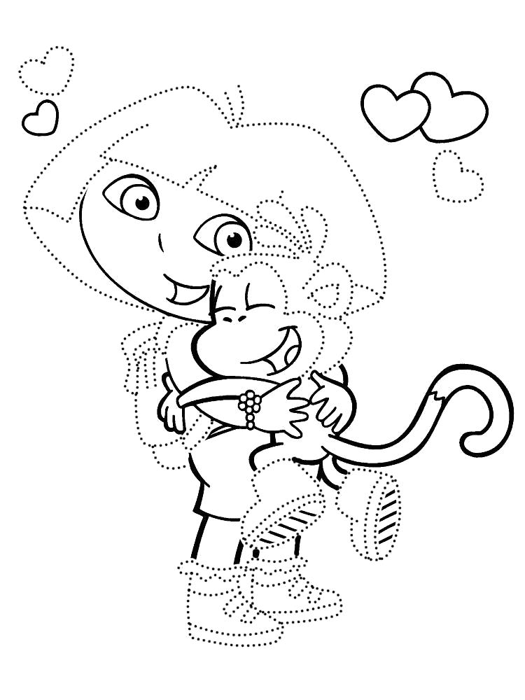 Раскраска Маша с обезьянкой. Скачать обведи по точкам.  Распечатать дорисуй по точкам