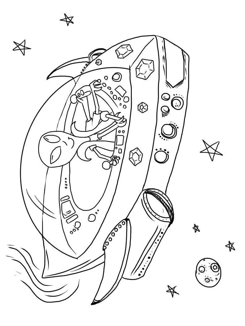 Название: Раскраска инопланетянин в космосе. Категория: для мальчиков. Теги: космический корабль.