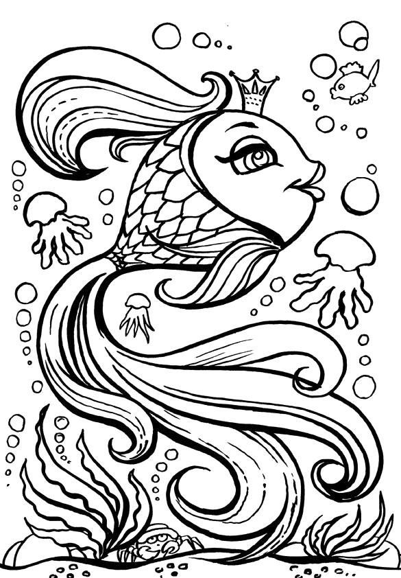 Раскраска Сказки Контурные рисунки для раскрашивания, сказочная рыбка, скачать бесплатно и распечатать.  распечатать. Скачать Рыбы.  Распечатать Рыбы