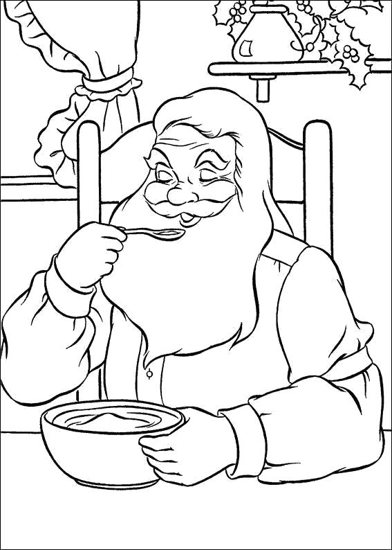 Раскраска Новогодние  для детей, дед мороз кушает кашу. Скачать новогодние.  Распечатать новогодние