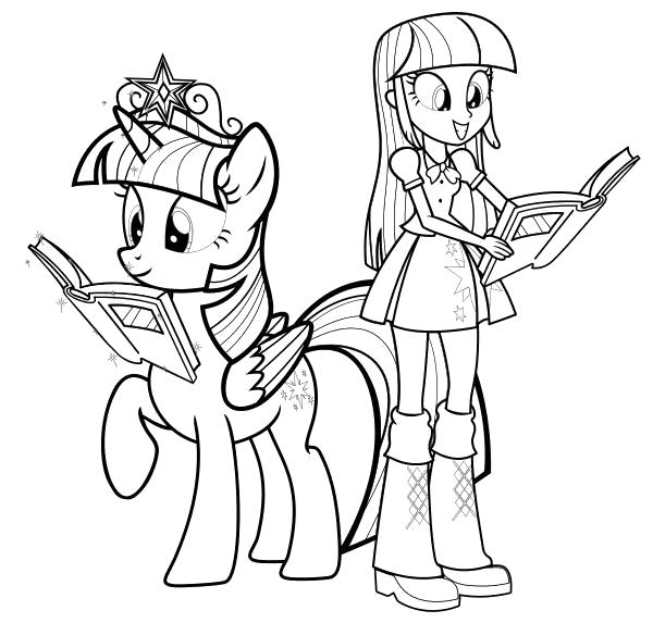 Раскраска  - Мой маленький пони: Девочки из Эквестрии - Сумеречная Искорка пони и девочка. Скачать Дружба это чудо.  Распечатать Дружба это чудо
