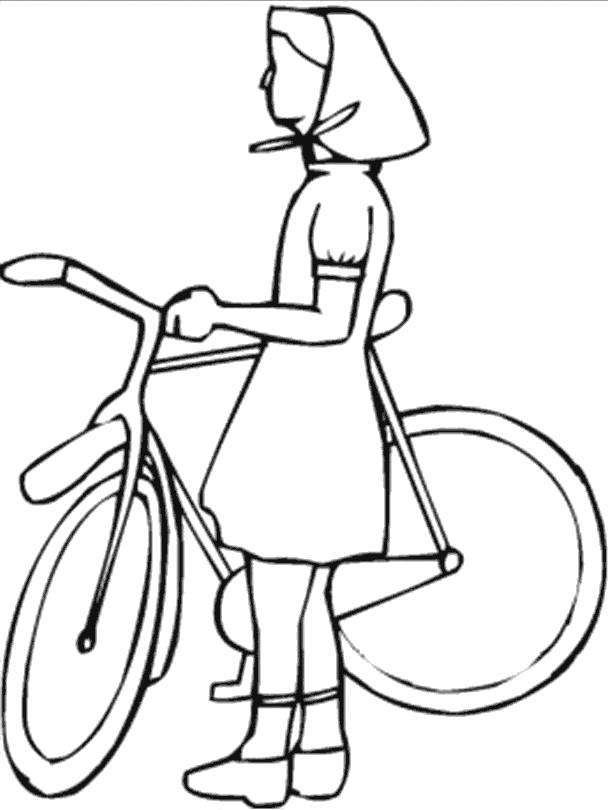 Раскраска девочка с велосипедом. Скачать Девочка.  Распечатать Девочка
