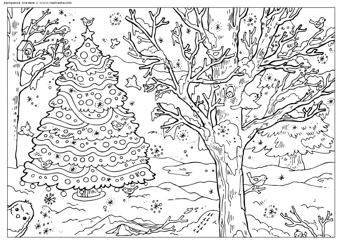 Раскраска Раскраска Новогодняя ель. Раскраска Ель в лесу с игрушками на новый год, время года зима картинка. Времена года