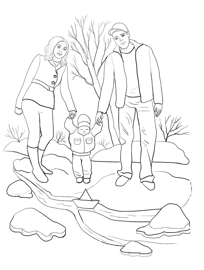 Раскраска семья гуляет с маленьким ребенком. Весна
