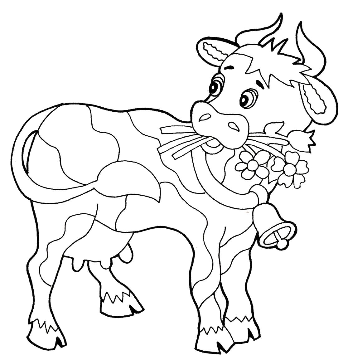 Раскраска Корова жует траву. Скачать Корова.  Распечатать Домашние животные